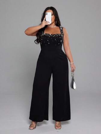 NU&NOW 加大码优雅性感派对连体裤，修身吊带背心，饰有华丽珍珠装饰，修身