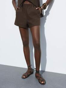 Maija 女式夏季纯色前系带露背上衣和短裤两件套，性感 - 咖啡棕 - 查看 6