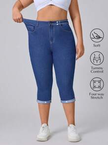 Flexra سراويل جينز كابري من الجينز مقاس كبير بخصر مطاطي للنساء، موضة كاجوال