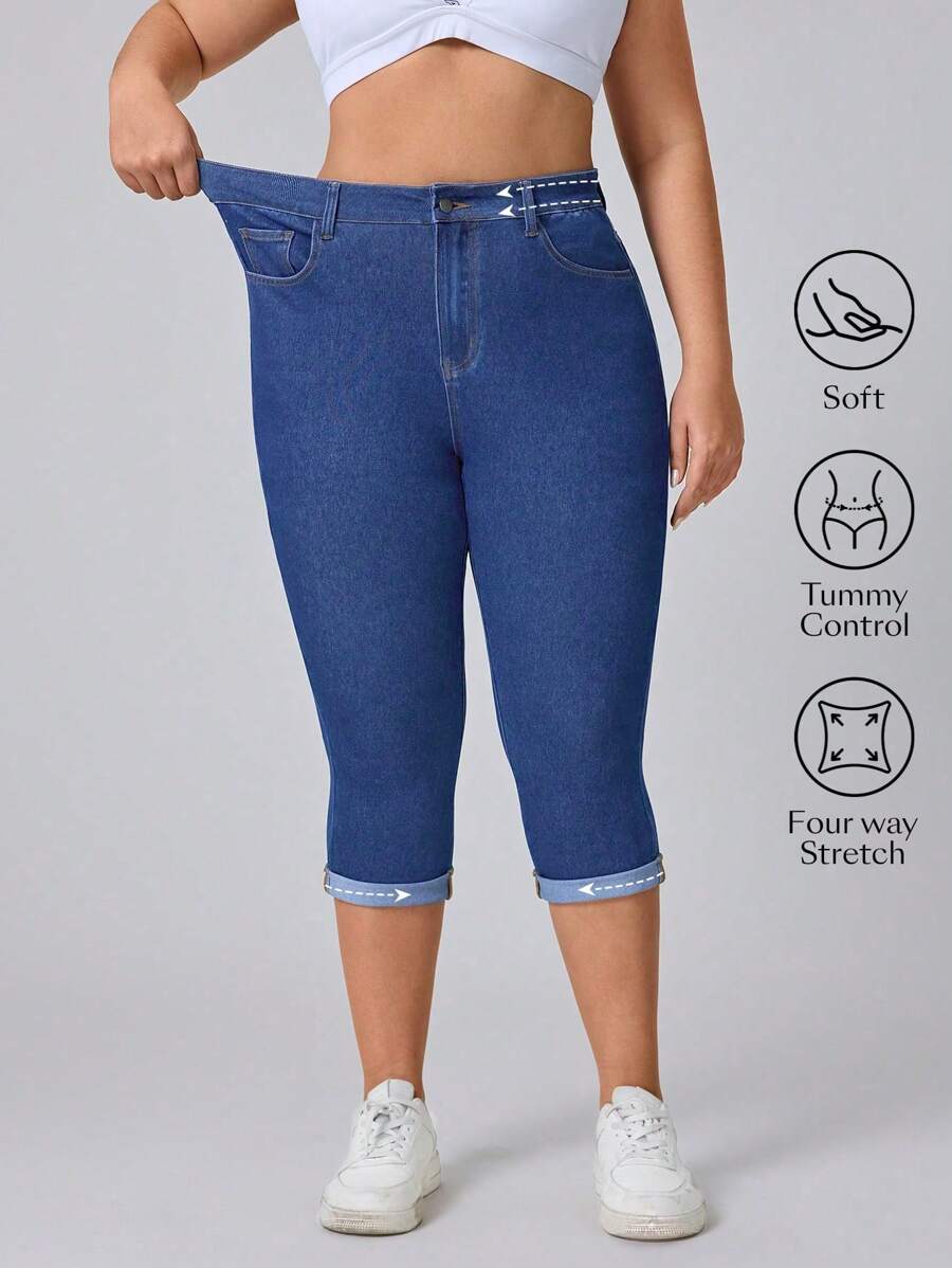 Flexra سراويل جينز كابري من الجينز مقاس كبير بخصر مطاطي للنساء، موضة كاجوال