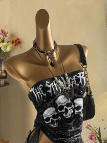 Attitoon Damen Lässig Retro Punk gerafftes Tube Top mit Krawattenfront - Verschiedenfarbig - Übersicht 7