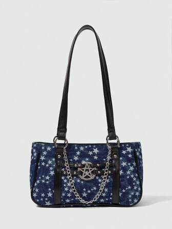 Goth Bolso de hombro de mujer con decoración de cadena con estrellas, estilo casual y de moda