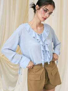 SHEIN MOD 女式系带长袖蓝色半透明荷叶边领衬衫 - 淺藍色 - 查看 8