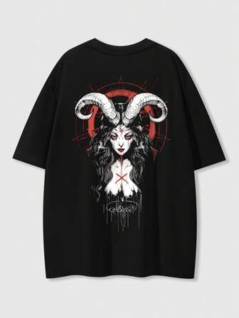 Damen Große Größen Gothic Dämonenhörner Muster T-Shirt, geeignet für Frühling und Sommer