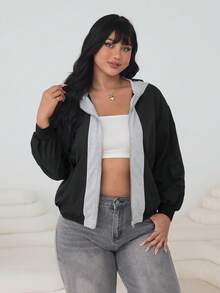 SHEIN EZwear 秋冬季办公、返校季、休闲、外出、约会、日常穿着、连帽外套、拼接连帽外套、二合一、黑灰撞色、百搭、大码女式秋季外套 - 黑色 - 查看 3