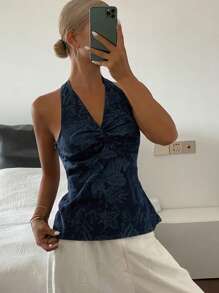 DAZY Western Cowgirl Floral Print Halter Cropped Casual Vacation Tank Top For Women, Summer - Blue - View 5