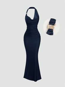 Sweetra 性感低胸纯色修身复古高端优雅长裙，棕色