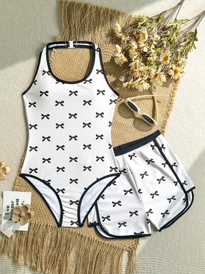 SHEIN 2pcs/Set Teen Girls Bow Print Halter Swimsuit With Shorts & Top, Beach Outfit, Summer