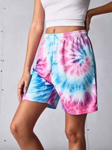 SHEIN Sports Pantalones cortos deportivos con estampado de teñido anudado y cintura con cordón para mujer