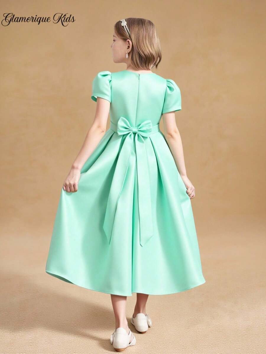 SHEIN Glamorique Kids Tween Girls Elegant Glamorous Summer Dress, Bow Backless Design, Wearing Shows Sweet & Cute Style Mint Green Dress For Girls - Green - View 1