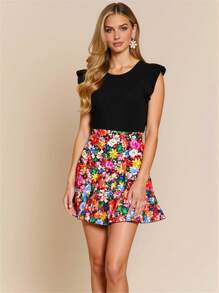 SHEIN Clasi Women Round Neck Floral Printed Color Block Spring Dress,Summer Dresses For Women