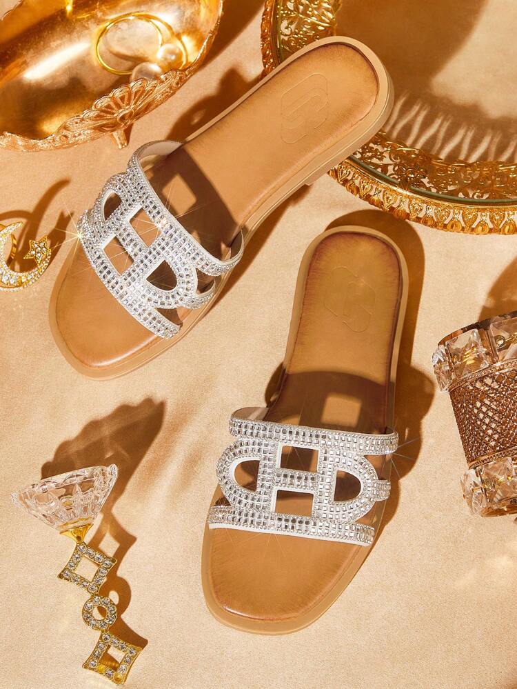 CUCCOO TILAWA Silver Rhinestone Embellished Round Toe Flat Sandals, Simple Yet Elegant, Comfortable And Versatile, Suitable For Work, Commute, Casual And Formal Occasions