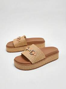 Solezae 女士拉菲草一脚蹬厚底凉鞋，配有舒适的模压鞋垫和金色金属扣装饰 - 米色 - 查看 4