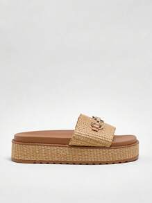 Solezae 女士拉菲草一脚蹬厚底凉鞋，配有舒适的模压鞋垫和金色金属扣装饰 - 米色 - 查看 5