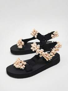 Solezae Ladies Flat Sandals With Seashell Straps Mother's Day Present - Black - View 4