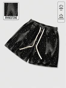 ROMWE MEN Street Life Men's Distressed Rhinestone Embellished Denim Shorts - Black - View 7