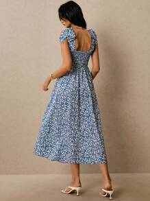 Poéselle Blue Floral Print Dress,Small Floral Dress,Women's Ditsy Floral Sleeveless Knotted Shoulder Maxi Dress, Elegant For Vacation Blue Summer Dress Women Blue Floral Dress Summer Long Dress Women,Suitable For Daily Wear, Going Out, Commuting, Dating, Vacation And Other Occasions,Poeselle