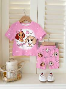 SHEIN 可爱小狗粉色彩虹蝴蝶结花卉印花女婴休闲宽松圆领短袖T恤和紧身裤两件套骑行短裤套装，适合春夏季 - 彩色 - 查看 2
