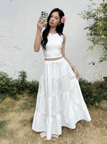 SHEIN Teen Girls Casual Comfy Round Neck Tank Top & Cake Skirt 2Pcs Outfit Set