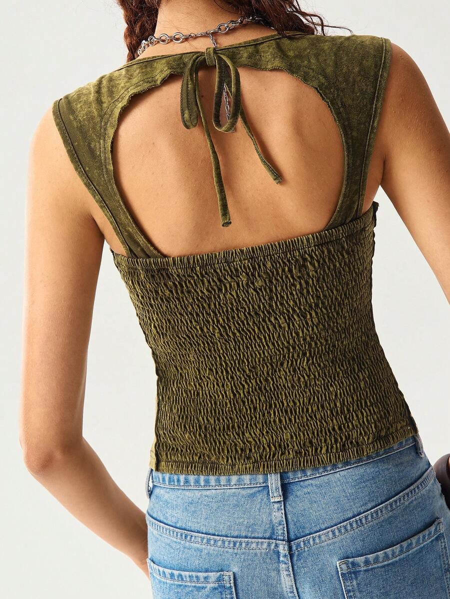 Bohemela Women's Casual Army Green Sweetheart Neck Ruched Bust Knitted Fabric Cropped Tank Top - Army Green - View 1