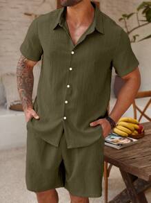 Manfinity Homme Plus Size Men's Solid Color Short Sleeve Shirt And Shorts Casual Set - Army Green - View 4