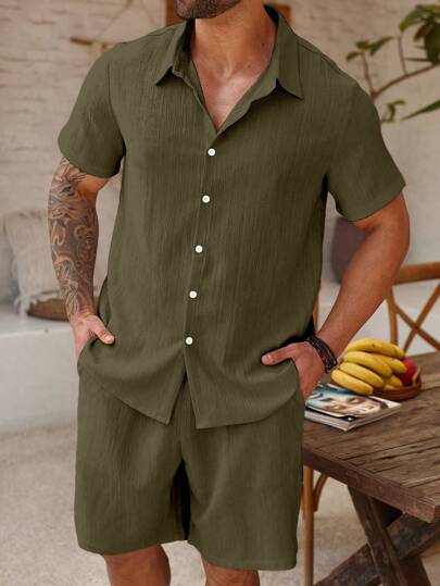 Palmeraft Plus Size Men's Solid Color Short Sleeve Shirt And Shorts Casual Set, Holiday