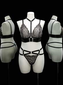 SHEIN 2 peças/Conjunto Conjunto de Lingerie Sexy Sem Fio e com Renda em Plus Size - Preto - Visão 5