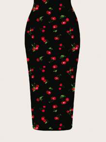 SHEIN EZwear 樱桃印花休闲简约全长紧身吊带裙，适合夏季