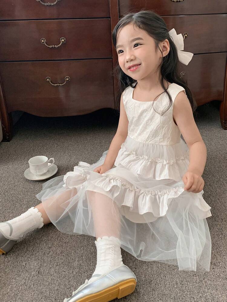Girls' Princess Sleeveless Floral Lace & Mesh Stitching Mid-Length Dress, Summer