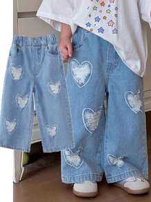 DENIMLY Tween Girl 休闲街头 Y2K 风格可爱心形刺绣和破洞阔腿牛仔裤，松紧腰带和实用口袋，浅水洗蓝色，女孩日常必备时尚单品