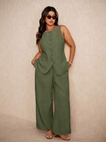 Elaquor Conjunto de 3 Peças Plus Size: Colete Casual, Camisa e Calça Reta