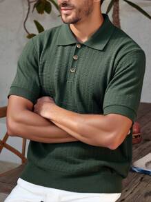 Manfinity Homme Men's Casual Solid Color Short Sleeve Knit Top, Summer Men Knit Polo