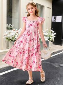 SHEIN Vestido con estampado floral, mangas cortas y escote en V para niña preadolescente, estilo de vacaciones - Rosa - Ver 8