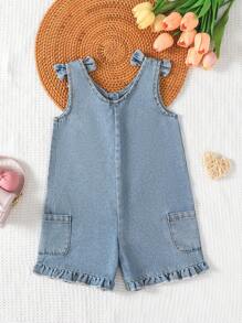 SHEIN Playful Pals 1 件套休闲可爱舒适棉质牛仔无袖连体裤，带蝴蝶结，适合女婴，蓝色 - 藍色 - 查看 2