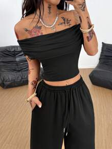 Coolane Women's Summer Minimalist Y2K Streetwear Casual Basic Daily Wear Off The Shoulder Crop Tees And Low Rise Wide Leg Sweatpants Two Pieces Outfits - Black - View 2