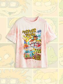 Nick 90's X ROMWE T-shirt ampia da donna con collo a giro, in stile tie-dye, con divertente motivo a cartoni animati