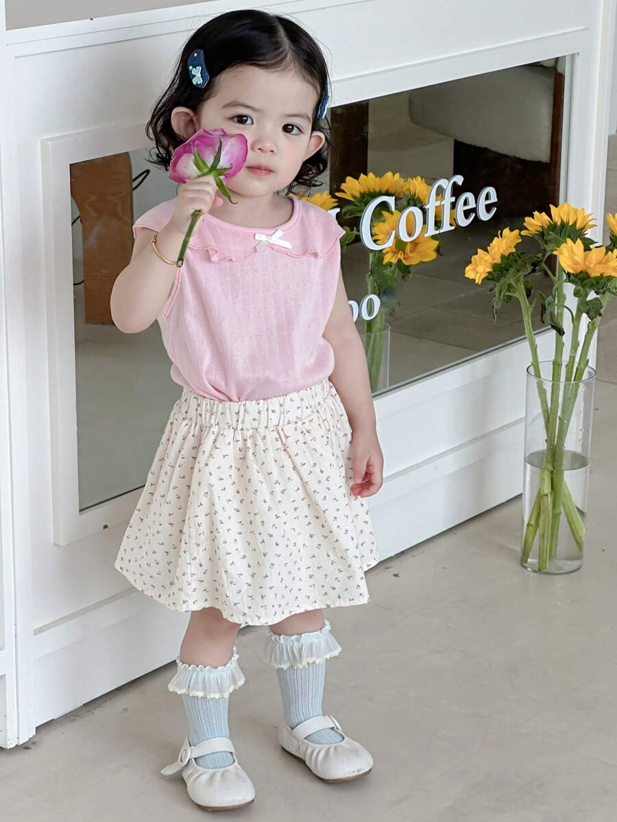 DAZY 2 pièces Ensemble t-shirt à encolure ronde décontracté avec volants et jupe à imprimé tout-sur-pour filles bébé - Rose bonbon - Voir 1