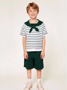 SHEIN Explorewe 2-Piece Set For Young Boys: The Casual Academy-Style Suit Is Comfortable, Fashionable And Versatile, With Soft And Breathable Materials. The Short-Sleeved T-Shirt Features Sporty Stripes, And It Comes With A Pair Of Sporty Shorts. It Is Suitable For Daily Wear, Going To School, Traveling, Doing Sports And Other Occasions, And Is Perfect For The Summer Season. 2025 Back-To-School Season Kids College Outfits And Campus Sportswear - Army Green - View 7
