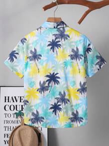 Camisa tejida de manga corta con cuello, estampado gráfico de árbol de coco, informal y de vacaciones para niño preadolescente - Multicolor - Ver 2