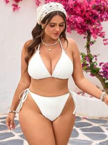 Swim Mod Plus Size Women Elegant Solid Light Yellow Halter Bikini Top 3 PiecesSwimsuit Beach Outfit For Summer Beach Vacation - White - View 3