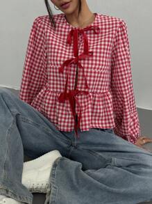 SHEIN EZwear 大码休闲格子前系带长袖褶皱衬衫 - 紅白色 - 查看 4