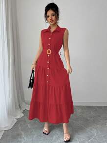 Women's Single-Breasted Sleeveless Shirt Dress With Ruffled Hem In Solid Color - Red - View 8