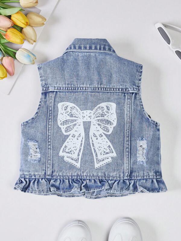 Girls (Small) Fashionable Denim Jacket, Seasons, Butterfly Print Princess Children Ruffle Hem Vest, Blue Denim Jacket