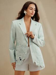 Anewsta 都市时尚复古优雅绿白条纹刺绣修身女士西装外套 - 綠色 - 查看 4