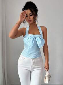 Elenzga Damen Sommer Mode Bluse mit Schleifendekoration und Halsausschnitt