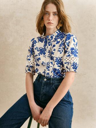Écloséra Women Hollow Floral Print Short Sleeve Blouse