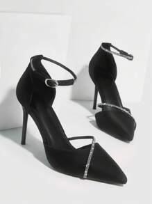 CUCCOO CHICEST Woman Shoes Glamorous Black Ankle Strap Rhinestone Decor Point Toe Stiletto Heeled Pumps For Summer Graduation Heels Prom Heels Vacation Shoes Summer Elegant Heels Spring Shoes Spring Break Easter For Christmas - Black - View 6