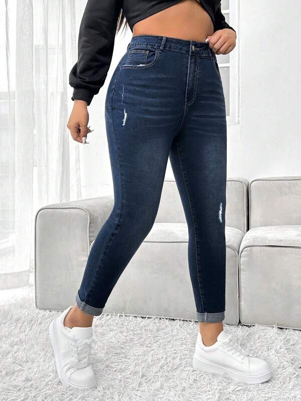 SHEIN ICON Große Größen Jeggings in schmaler Passform mit Verkratzungen und Taschen für Damen