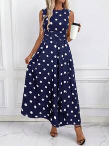 SHEIN Clasi Women's Floral Print Round Neck Bowknot Waist Pocket Loose Casual Polka Dot Maxi Dress, Summer Clothing - Navy Blue - View 4