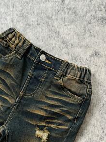 SHEIN Quần jeans skinny denim màu xanh đậm, chất liệu co giãn cao, phong cách đường phố vintage mùa thu đông dành cho bé trai. Sản phẩm mới, thích hợp cho mùa tựu trường, thời trang đường phố cho trẻ em và bé trai, quần jeans rách cho bé trai, quần jeans ống rộng cho bé trai, quần jeans cá tính cho bé trai. - Rửa tối - Xem 3